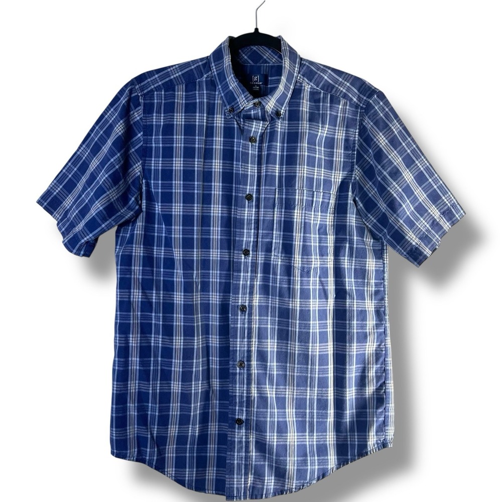 George Mens Sz Small (34-36) Short Sleeve Blue Plaid Button Down Pocket Office
